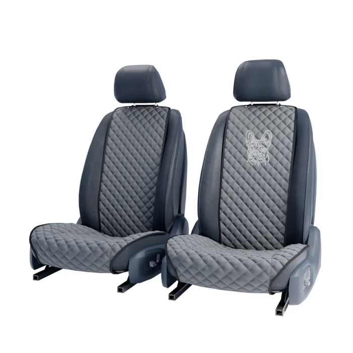 Накидки на сидения Комплект передних серых накидок с вышивкой Bulldog (Серебристая)